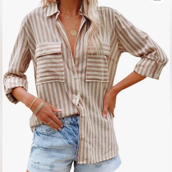 OMSJ Tops - OMSJ Women's Striped Button Down Shirts brown